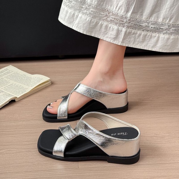 Giày lười quai chéo kiểu dáng đơn giản cho nữ mặc mùa hè, giày cao gót nêm cho bà bầu, sandal và
