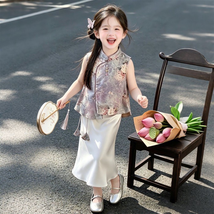bé gái mới phong cách Trung Hoa váy sườn xám mùa hè mới trẻ em mỏng bé phong cách dân tộc vest v