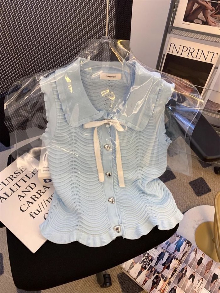 Áo len cổ búp bê nút tình yêu tay bay, áo lụa băng có nơ, áo vest dệt kim dễ thương cho nữ