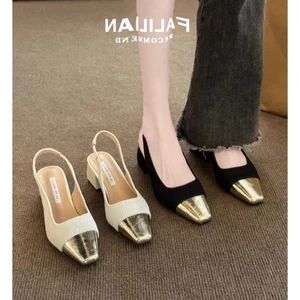 Giày sandal cao gót dày kiểu Pháp dành cho nữ, giày mũi vuông mang khí chất xuân hè kèm váy