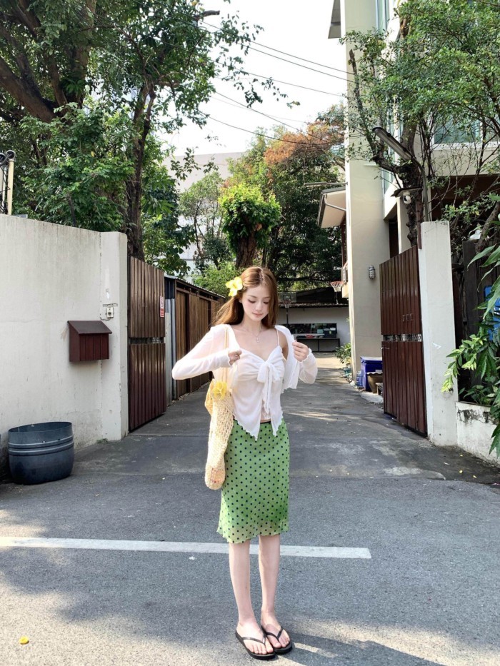 Lan ~ American Hot Girl Xanh Chấm Bi Váy Nữ Xuân Hè Phong Cách Mới Phù Hợp Với Tất Cả Trận Đấu Thường Ngày Chất Lượng Cao Chữ A Váy Giữa Viền