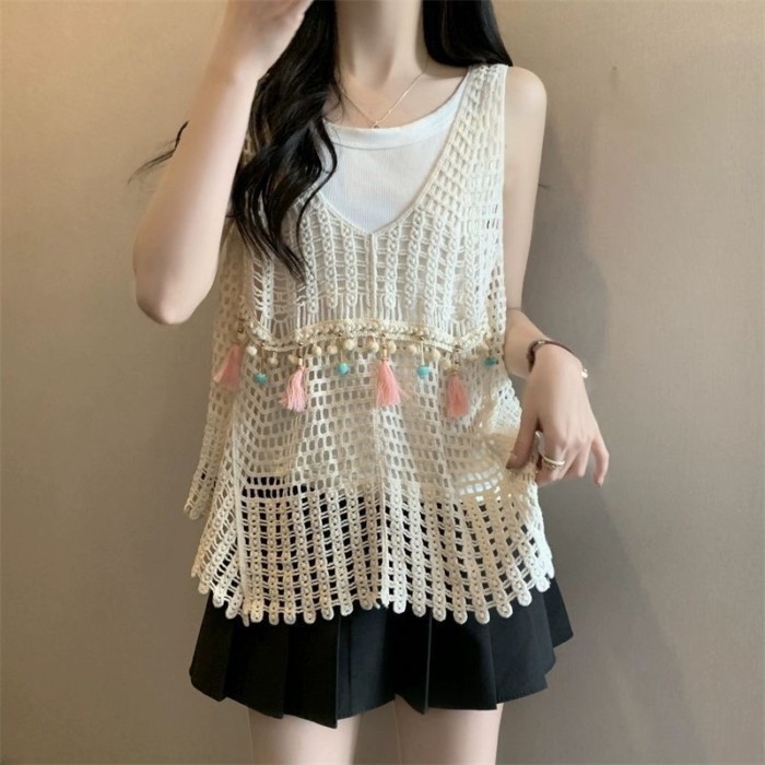 Dây treo rỗng, áo tua rua dáng rộng, áo vest, áo móc hoa xếp chồng phong cách dân tộc cổ điển