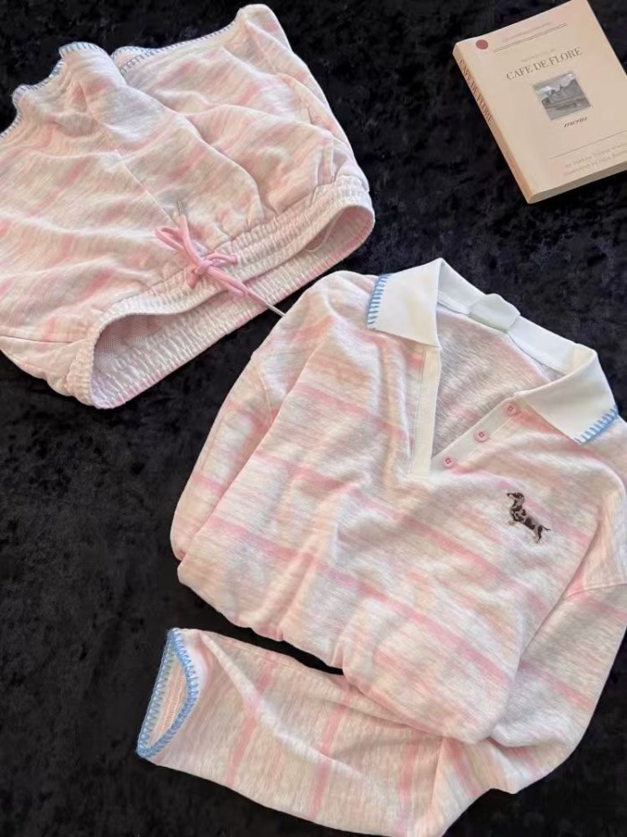 bộ đồ ngủ họa tiết dachshund sọc cao cấp dành cho nữ quần short dài tay phong cách Hàn Quốc Bộ đ