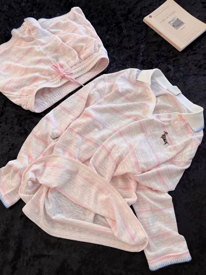 bộ đồ ngủ họa tiết dachshund sọc cao cấp dành cho nữ quần short dài tay phong cách Hàn Quốc Bộ đ
