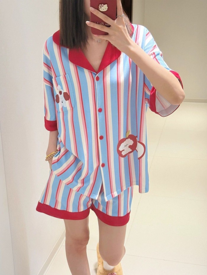 ins Korean Style Sweet Striped Apple Pajamas For Women Summer New Short-sleeved Shorts Casual