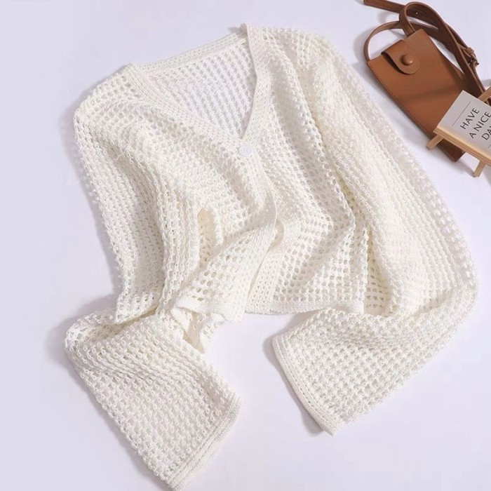 Mùa hè mới phong cách mới rỗng áo siêu trong suốt áo cardigan dệt kim ngắn áo sơ mi rộng rãi