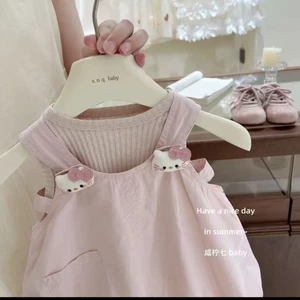 Bộ Đồ Bé Gái Mùa Hè Phong Cách Mới Bé Gái Dễ Thương Mèo KT Suspender Váy Bé Gái Áo Vest Hàn Q