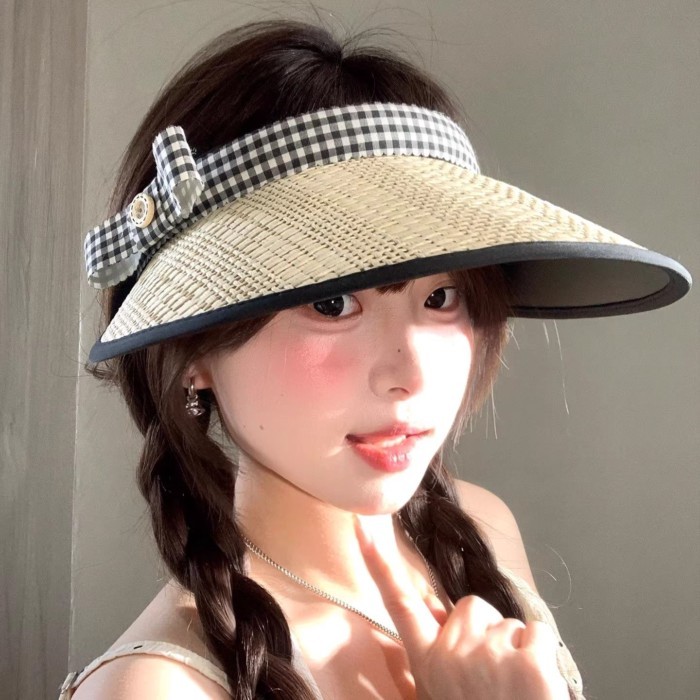 Cute Bow Straw Hollow Top Sun Hat For Women Summer New Style Big Brim Sunshade Straw Hat Outd