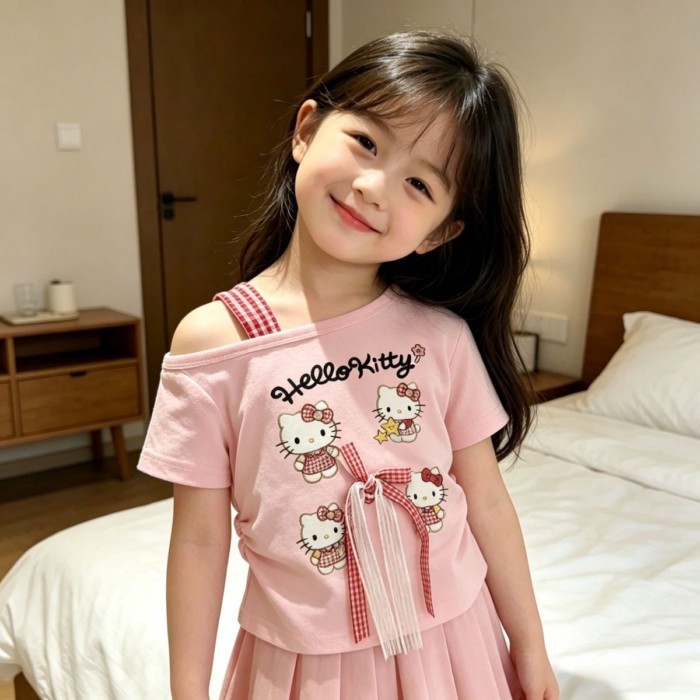 Girls' New Summer Style Pure Cotton Cartoon Standing Bow Oblique Shoulder Short-sleeved Child