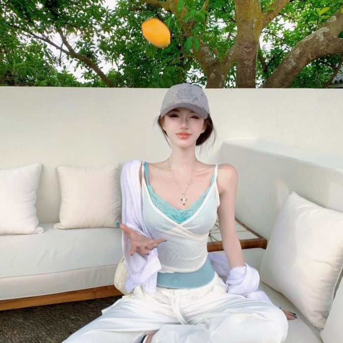 Áo vest hai dây giả thuần khiết Desire Hàn Quốc dành cho nữ eo eo cổ chữ V hơi xuyên thấu ren