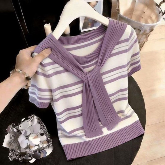 Áo len dệt kim ngắn tay sọc Slim nữ tươi mới đi làm Áo thun thời trang đa năng hàng đầu