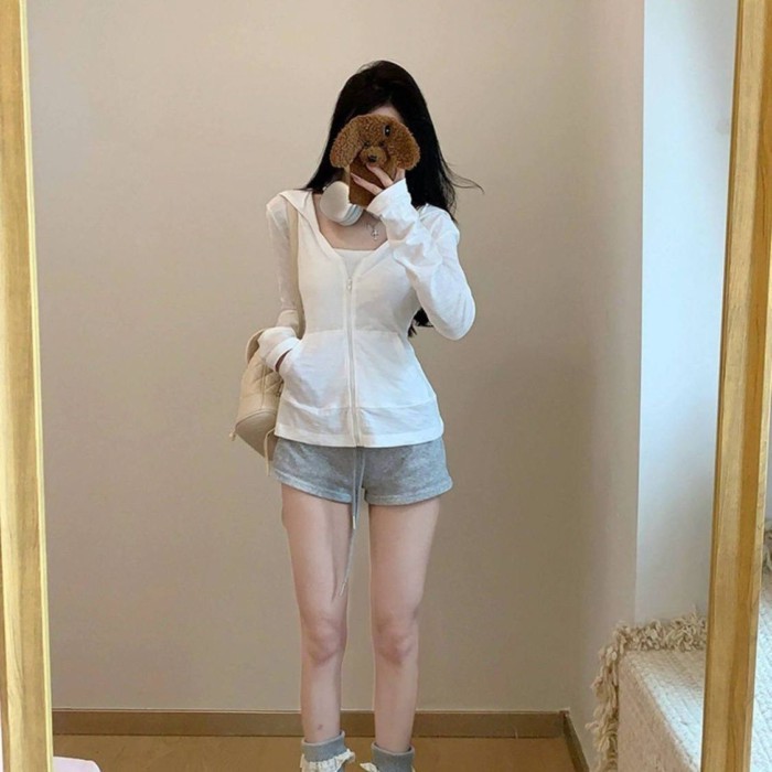 Quần áo dài tay có mũ trùm đầu có khóa kéo phong cách đại học Hàn Quốc cho nữ, áo khoác cardigan đa