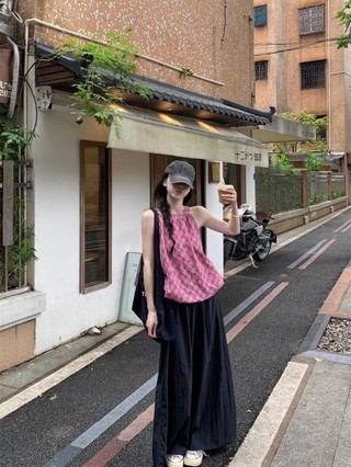 Pink Plaid Sleeveless Camisole Women's Summer Sweet Loose Outer Wear Design Chic Slimming Bud