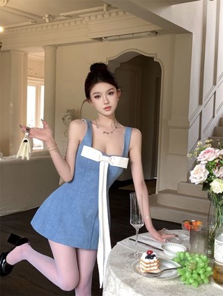 Contrast Color Bow Denim Suspender Dress Women's Summer Pure Lust Style Hot Girl Waist A-Line