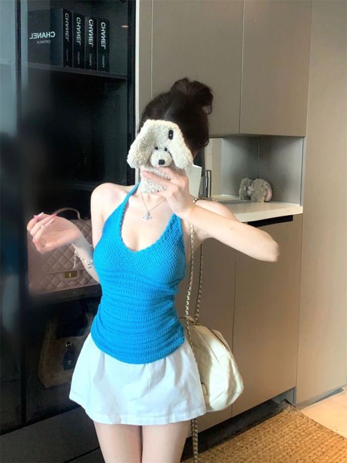 Crocheted Halterneck Vest For Women Summer New Style Blue Slim Fit Backless Versatile Commutin