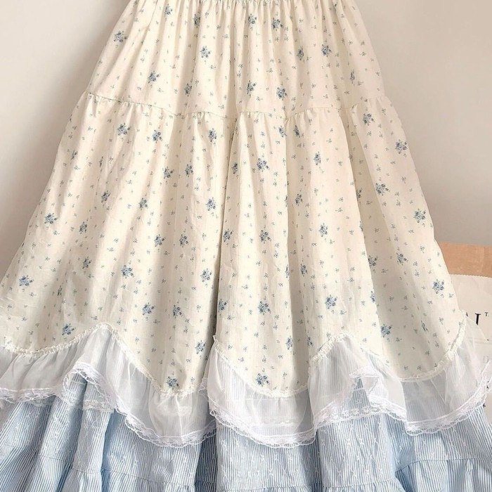 Ancient Sundress Women's French Sweet Lace Splicing Floral Elastic Waist Ruffled Long Skirt