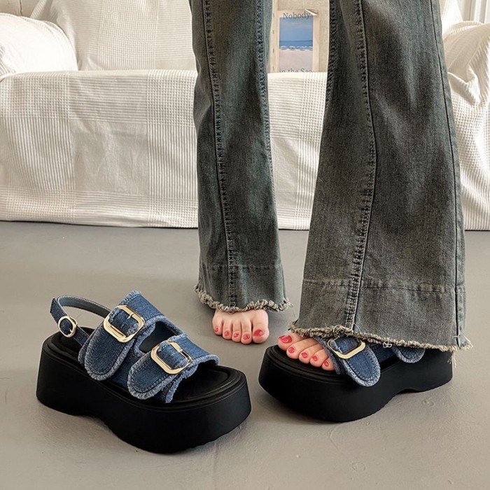 Sandal đế dày xinh xắn phối váy, áo khoác ngoài nữ, giày nêm La Mã cao cấp và đa năng