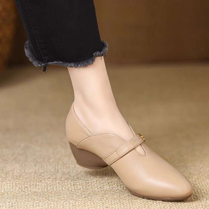 Giày Mary Jane Nữ Mũi Nhọn Mềm Mại Thoải Mái Đế Nêm Giày Đơn Gót Trung Bình Nhỏ Giày Da Giày Slip-o