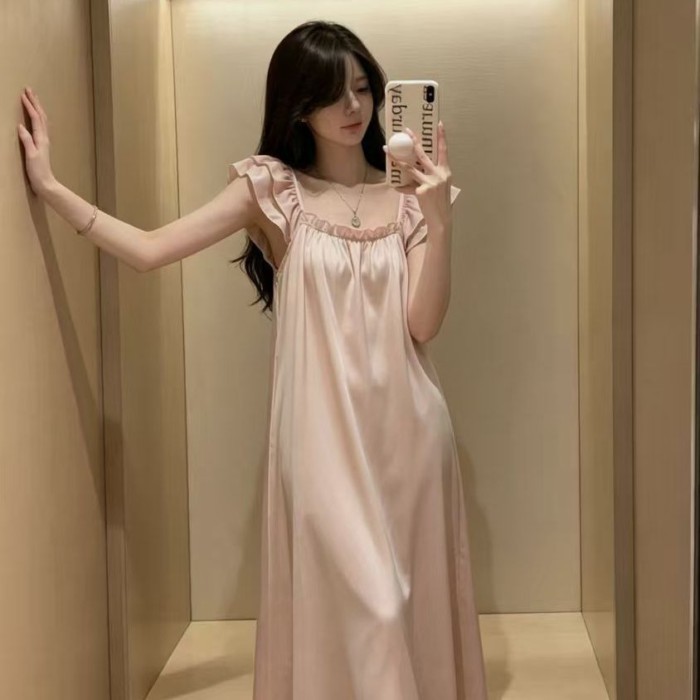Váy ngủ mùa hè mới, dài vừa phải, nhẹ nhàng sang trọng, váy ngủ lụa băng có đệm ngực, váy ngủ