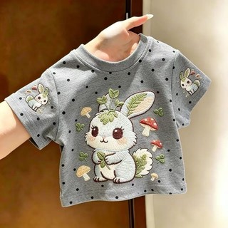 Mùa hè giả thêu hình chú thỏ dễ thương cổ tròn dáng rộng giản dị ngắn tay dành cho nam và nữ