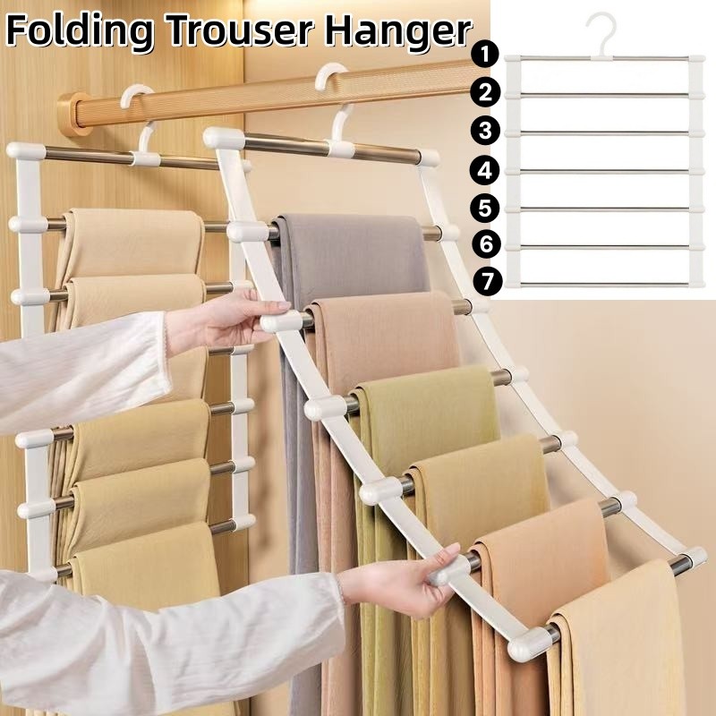 [Hàng có sẵn] 2 Móc treo quần gấp với 7 lớp Bộ sắp xếp lưu trữ đa chức năng Tiết kiệm không gian Móc treo quần chống trượt cho gia đình & ký túc xá
