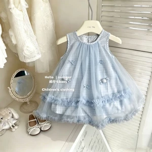 Váy gạc lưới mùa hè mới có nơ cho bé gái, áo liền quần công chúa không tay thời trang và ngọt ng