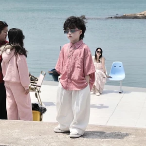 bộ đồ mùa hè mới cho bé, áo sơ mi ngắn tay màu trơn thời trang bé trai và quần dài bộ đồ hai mản