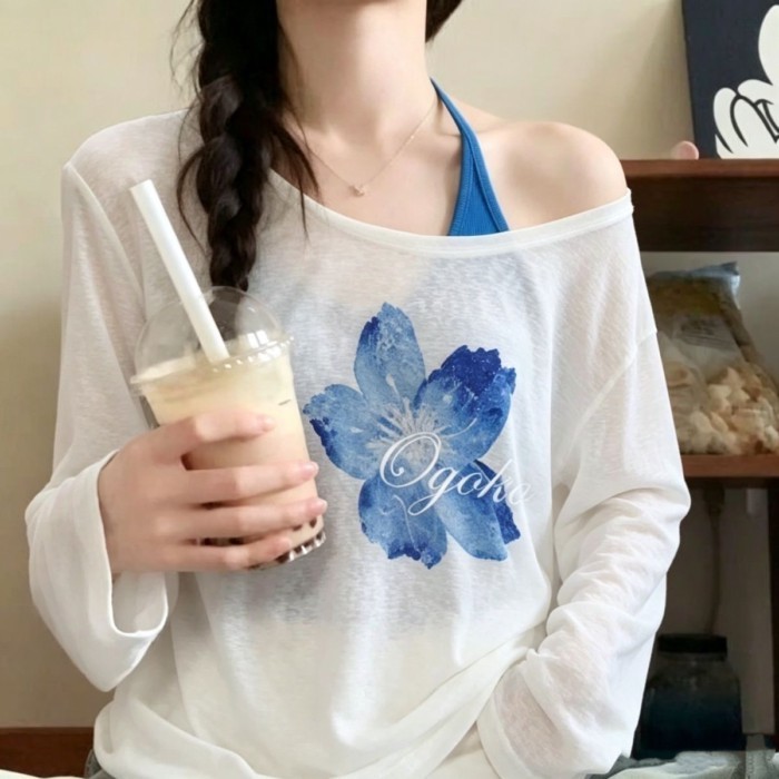 Bộ hai món áo thun che nắng chống nắng  dành cho nữ thoáng khí màu xanh in hình hoa anh đào