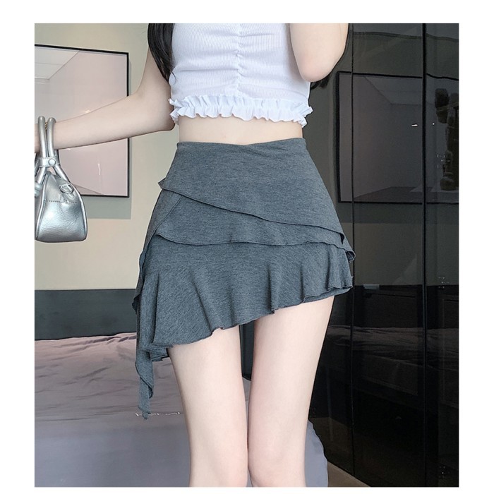 Gray Trendy Ruffled Skirt Women's Summer New High-waisted Slimming Irregular A-Line Short Ski