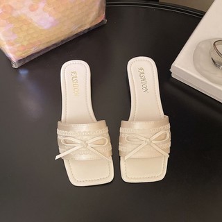 Square Toe Bow Flat Slippers New Style Slippers For Women To Wear Super Fairy Fashion One-Wor