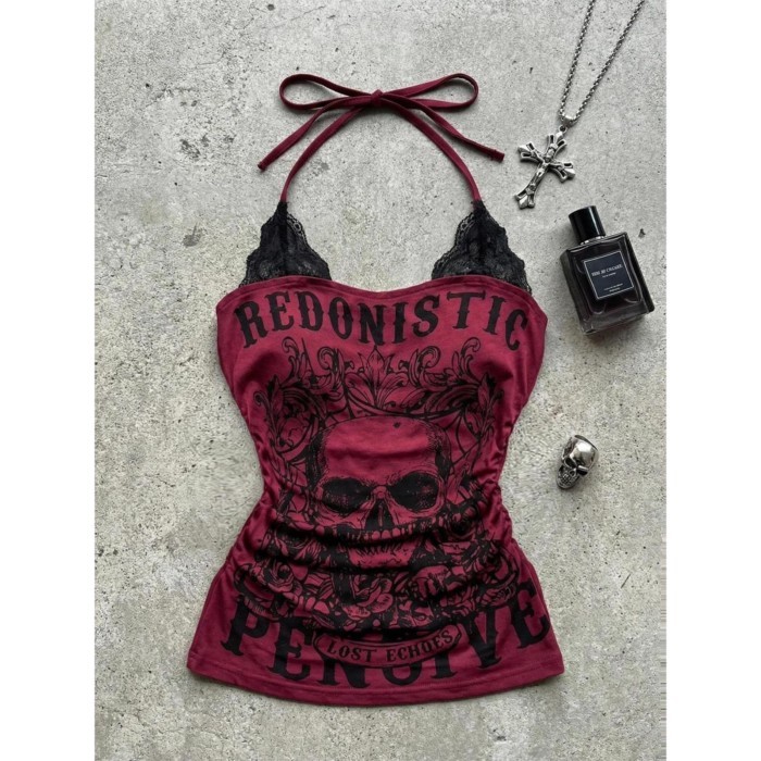 Millennial cổ xưa phong cách punk rock văn hóa nhóm màu đỏ giả hai mảnh ren dây áo vest y2k