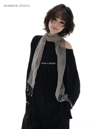 Have u desgin Vintage Sense Nhật Bản Vải Lanh Tua Rua Dải Dài Khăn Nữ Thời Trang Hơi Trong Suốt Họa Tiết Khăn Trang Trí Khăn Lụa
