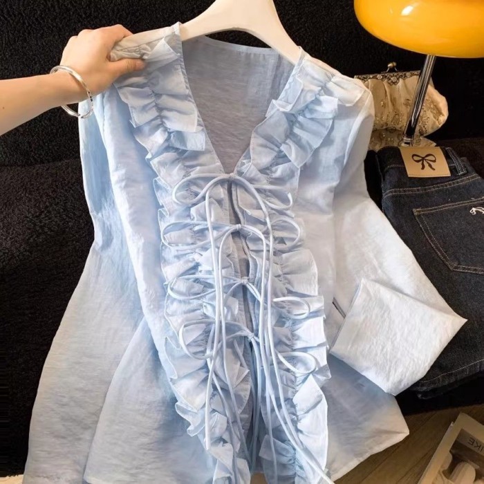 Áo sơ mi dài tay cổ chữ V viền nấm màu hồng, áo nữ tính, sơ mi siêu hot