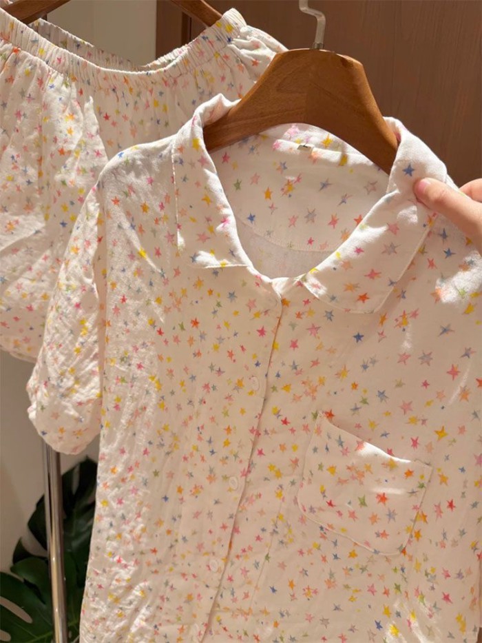 ngôi sao và đám mây đầy màu sắc ngọt ngào Bộ đồ ngủ bằng vải cotton cho nữ hoạt hình quần short