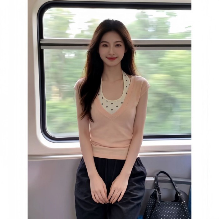 Kỳ nghỉ hè áo thun hai dây chấm bi cổ yếm ngắn tay giảm béo eo đa năng dành cho nữ