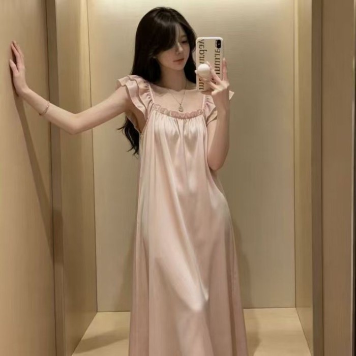 Bộ đồ ngủ bằng lụa băng nữ có đệm ngực, váy ngủ dài vừa phải, nhẹ nhàng, tinh tế, thời trang,