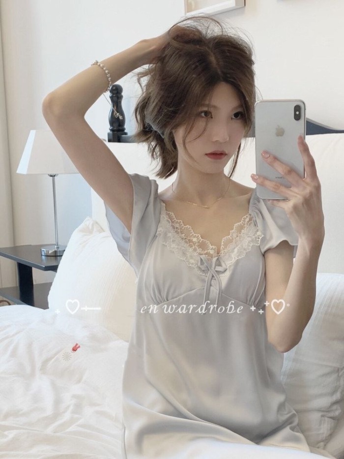 Beautiful Crushed Ice Blue Lace Nightgown For Women Summer Sweet High-end Pajamas Home Wear For
