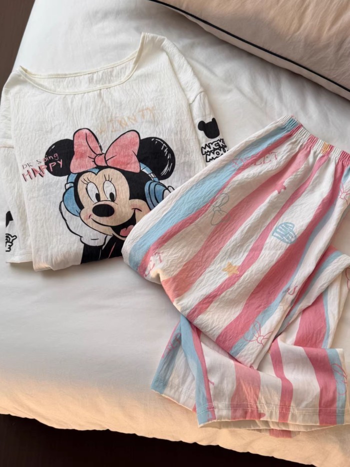 bộ đồ ngủ in hình chuột Mickey hoạt hình dễ thương dành cho nữ mùa hè quần sọc mới quần áo nhà n