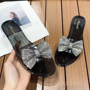 Genuine Soft Material Sandals For Women New Summer Fashion Slippers High Heels Crystal Heel Tran