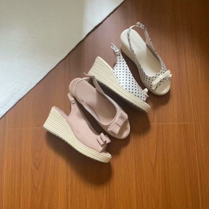 Giày sandal đế dày thắt nơ cao cấp dành cho nữ mùa hè ngọt ngào không thấm nước đế bệt dép miệng cá