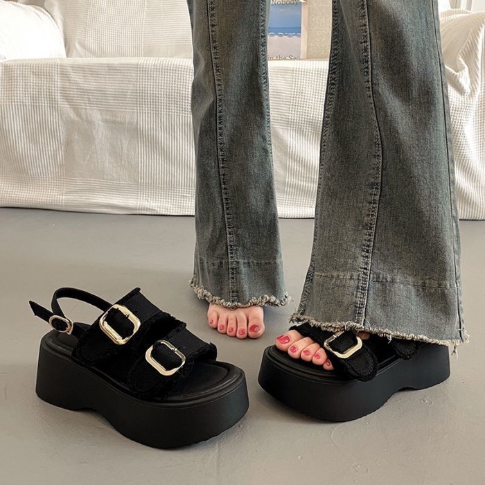 Sandal đế dày xinh xắn phối váy, áo khoác ngoài nữ, giày nêm La Mã cao cấp và đa năng