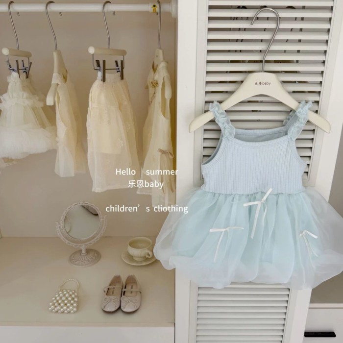 Original Design Girls Summer New Mint Green Bud Skirt Bow Mesh Princess Skirt Small Fresh Dre