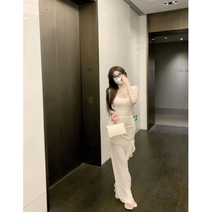 Đầm hai dây ôm hông phong cách Pháp dành cho nữ, váy dài mùa hè, váy gạc, trang phục du lịch pho
