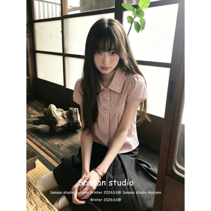 College Style Pink Polka Dot Short-sleeved Shirt For Women To Wear In Summer, Korean Style Sh
