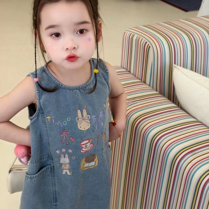 Váy mới cho bé gái, váy công chúa trẻ em, váy mùa hè, váy vest denim hoạt hình, váy thường ng
