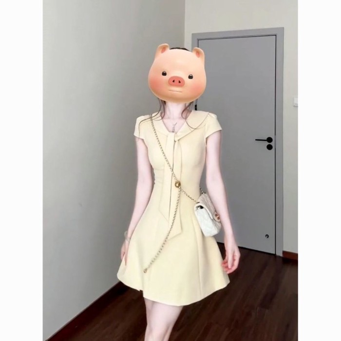 Summer Dopamine Temperament Pear-shaped Slim Dress Women's New Simple Design Waist Navy Colla