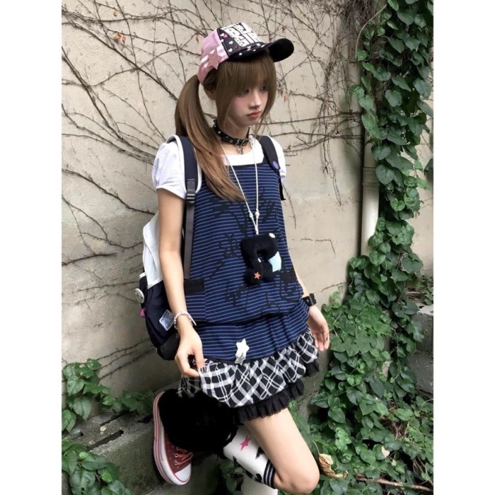 hot girl đầu thiên niên kỷ cổ đại sọc xanh đậm không tay graffiti mùa hè vest ngọt ngào và ca