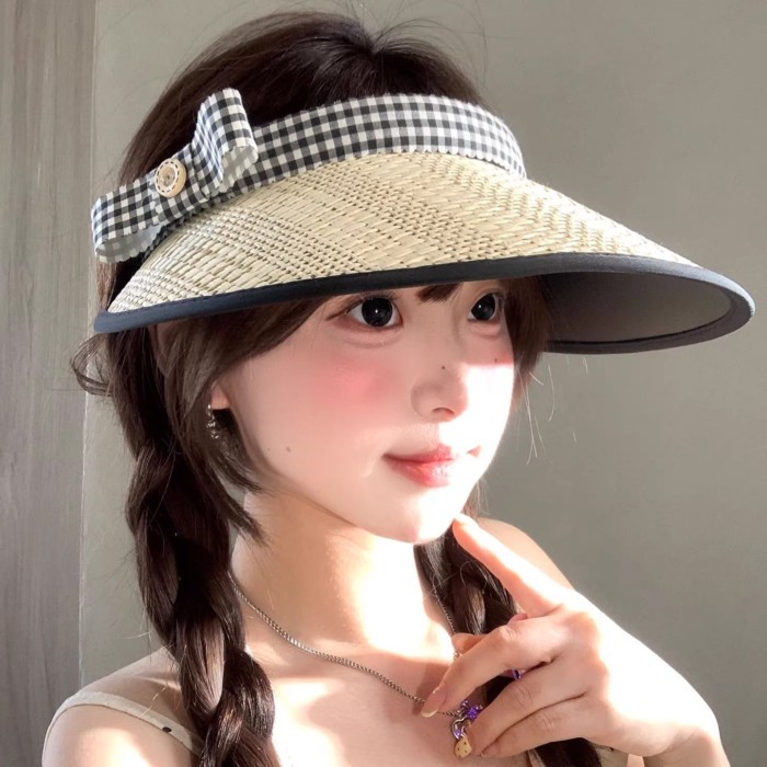 Cute Bow Straw Hollow Top Sun Hat For Women Summer New Style Big Brim Sunshade Straw Hat Outd
