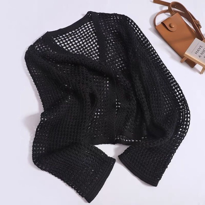 Mùa hè mới phong cách mới rỗng áo siêu trong suốt áo cardigan dệt kim ngắn áo sơ mi rộng rãi