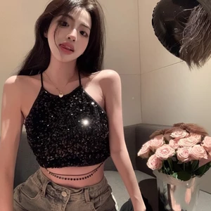 Áo dây cổ yếm đính cườm gợi cảm Rốn ngắn hở rốn dự tiệc Disco lấp lánh Hot Girl khoét rỗng